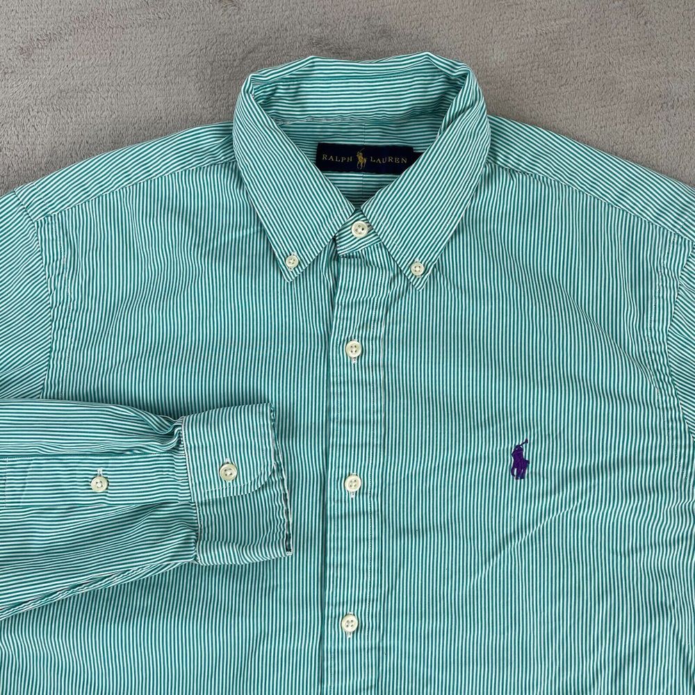 Polo Ralph Lauren‎ Shirt Men Medium Green Striped Preppy Blue Pony Long Sleeve